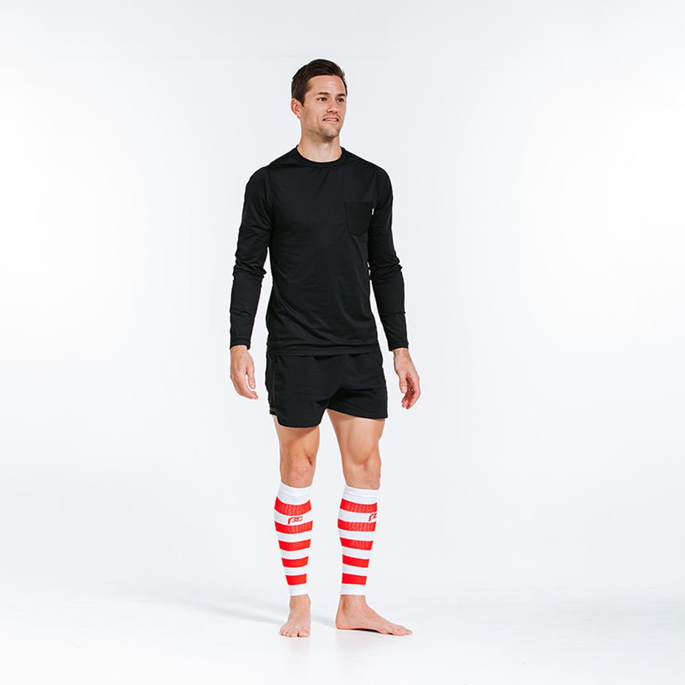 Calf Sleeves, White and Red Stripe
