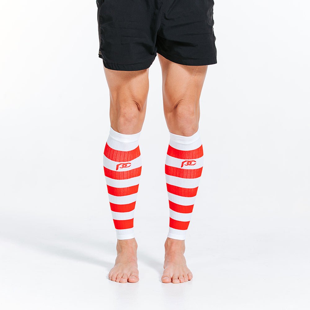 Calf Sleeves, White and Red Stripe
