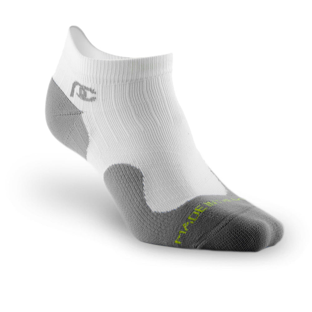 Low white compression socks with grey toe and heel boxes