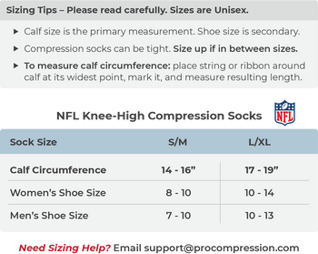 Size Chart for NFL Knee-high compression socks