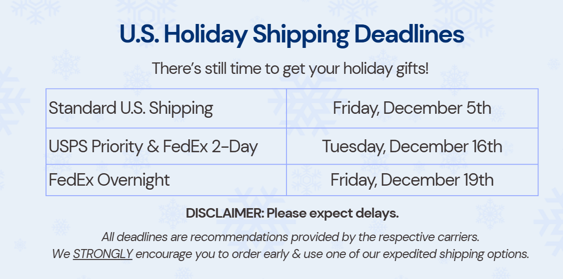 U.S. Holiday Shipping Deadlines chart with various shipping options and deadlines.