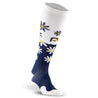 knee high compression socks with navy blue daisies design
