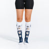 knee high socks with navy blue daisies design