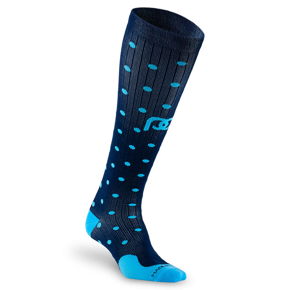 Knee high compression socks in navy blue with light blue dots