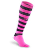 Knee high compression socks with neon pink and black stripes. Made by PRO Compression, Made in the USA.