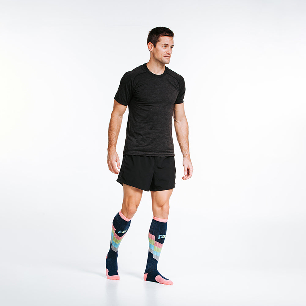 Marathon knee high compression socks in pastel chevron design motif - on model