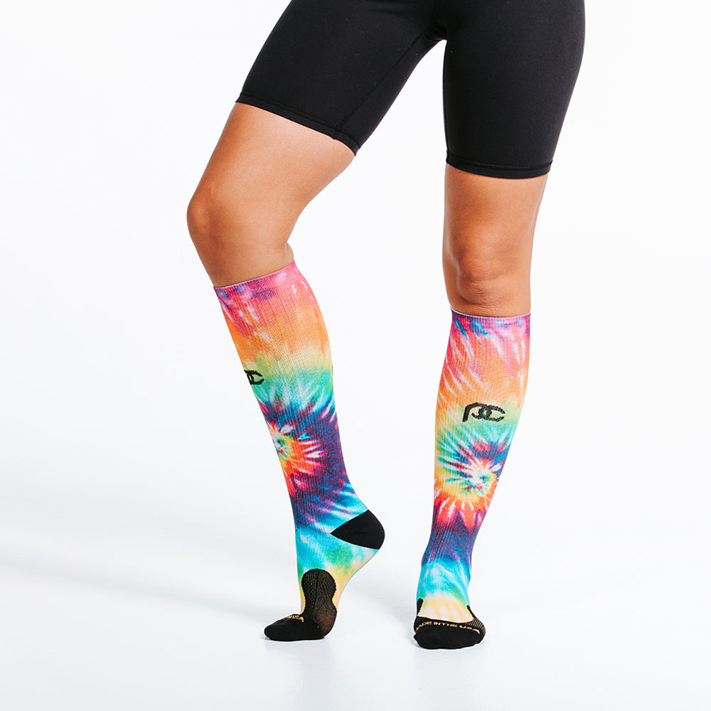 Knee high rainbow tie dye compression socks - close up