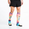 Knee high rainbow tie dye compression socks - close up on design