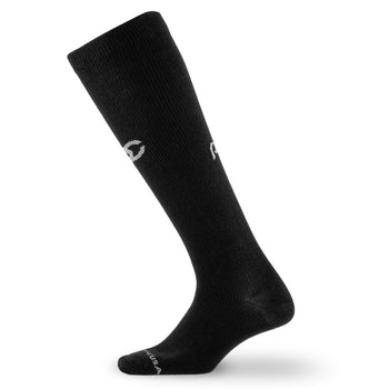Side angle of PRO Compression Knee-High Upcycle Sock in Black containing recycled plastic and recovered upcycled cotton.