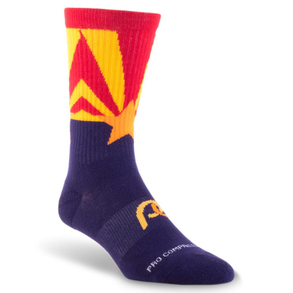 Crew length compression socks with navy blue, red, and golden star design