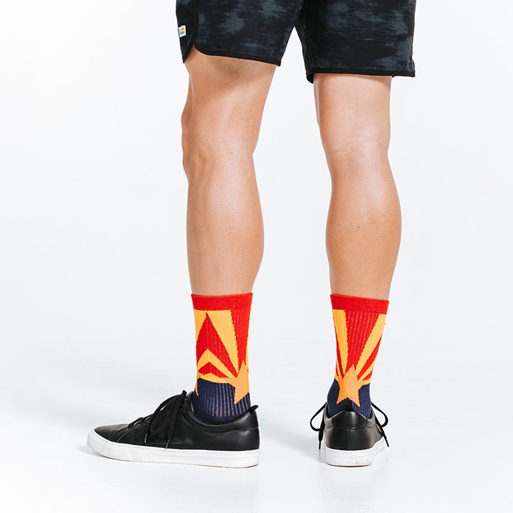 Crew length compression socks with navy blue, red, and golden star design on model - posterior view