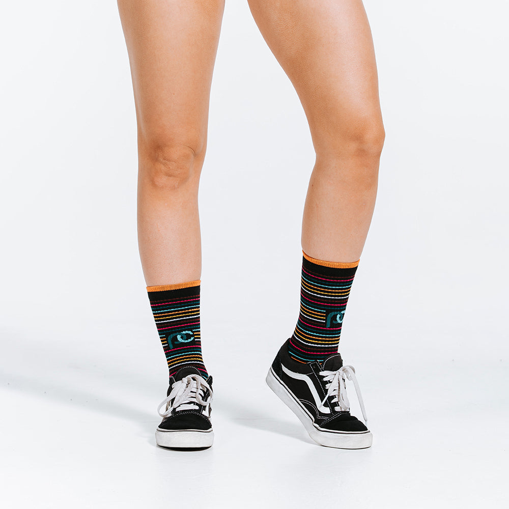 Close up view of Multi-colored Striped Compression Socks | Crew Length