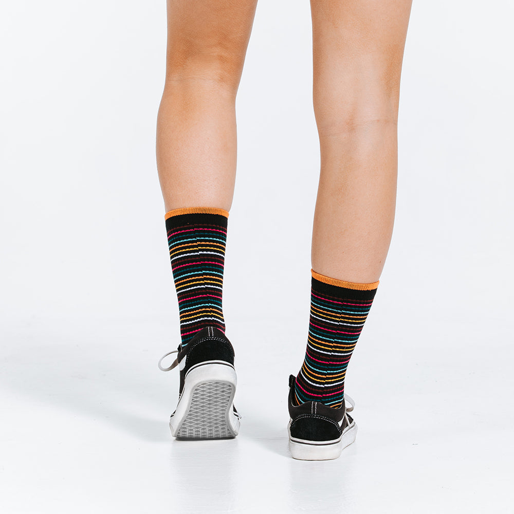 Rear close up view of Multi-colored Striped Compression Socks | Crew Length