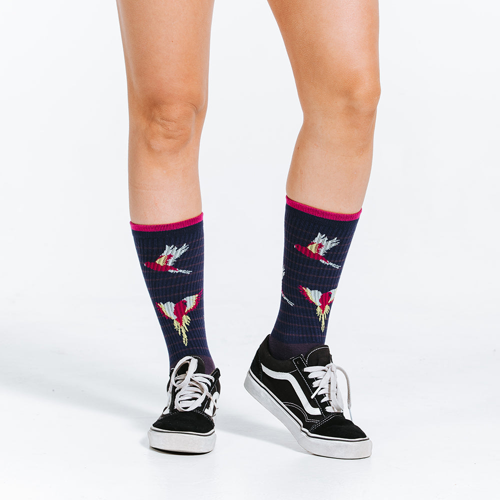 Birds of Paradise Tropical Crew Socks - Compression socks for all day use - close up of model feet