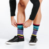 Striped colorful crew socks woven with lightweight compression for relaxed days - close up