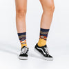 Mid calf compression socks with Chevron Aztec gold design - close up of feet angle 2