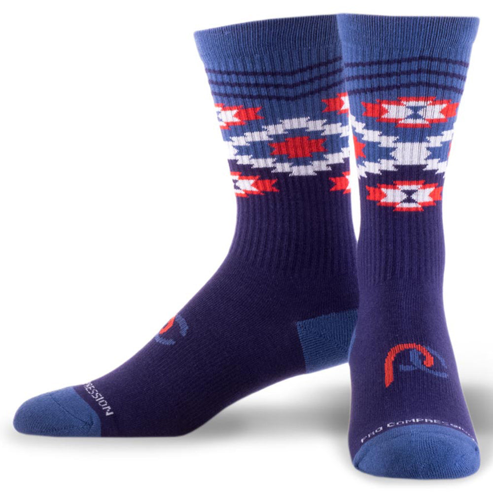 Crew length compression socks with Chevron Aztec blue design - pair