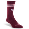 Maroon crew length compression socks with thin pink and white stripes near top 