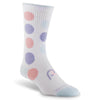 White compression socks with faded red and purple polka dots