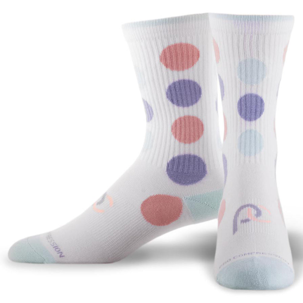 White compression socks with faded red and purple polka dots - pair