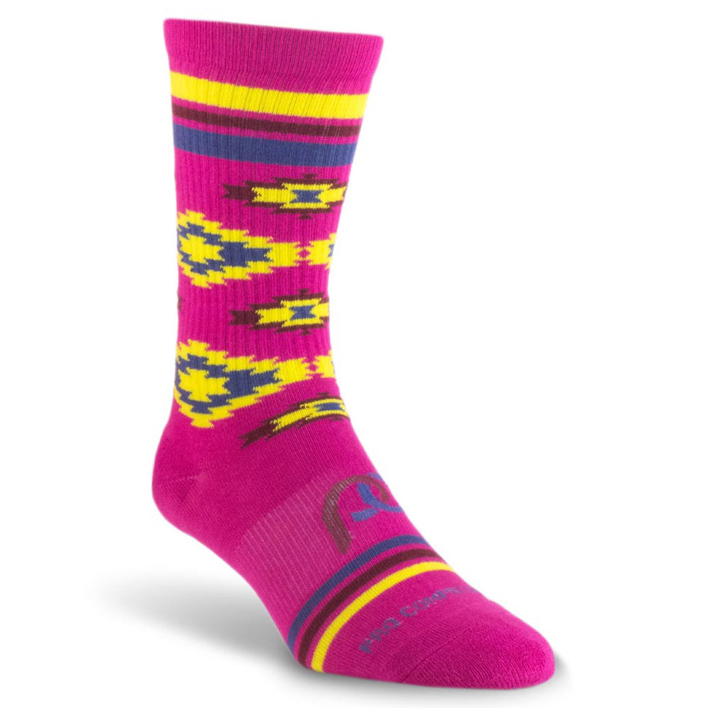 Mid calf compression socks with pink and yellow Aztec pattern