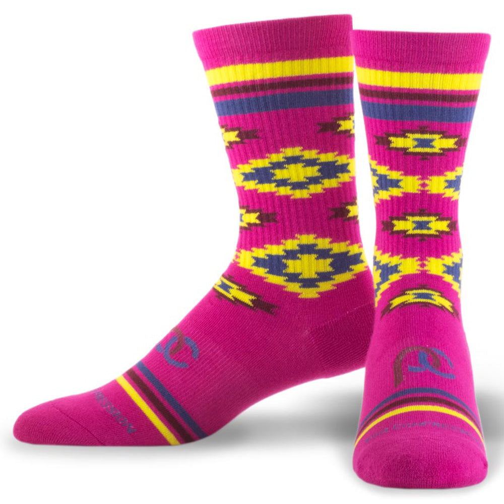 Mid calf compression socks with pink and yellow Aztec pattern - pair