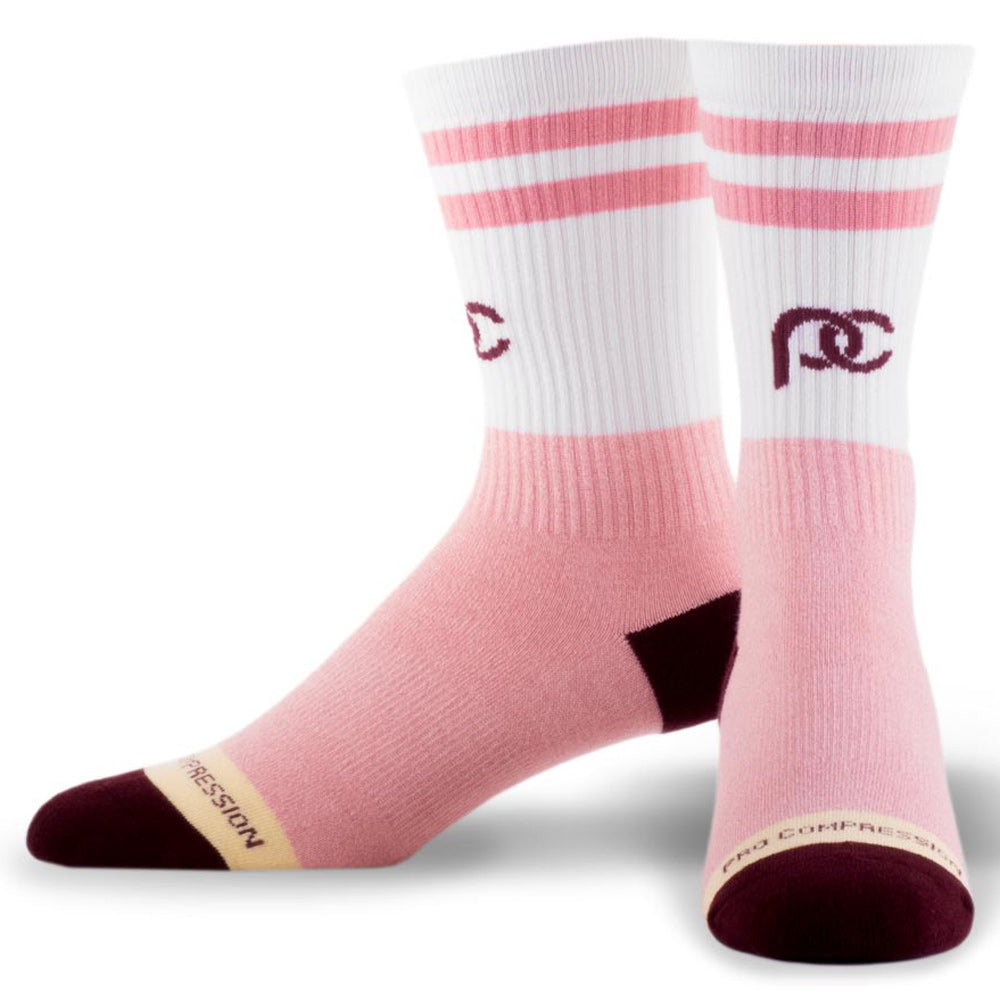 Peach and white crew length compression socks - pair
