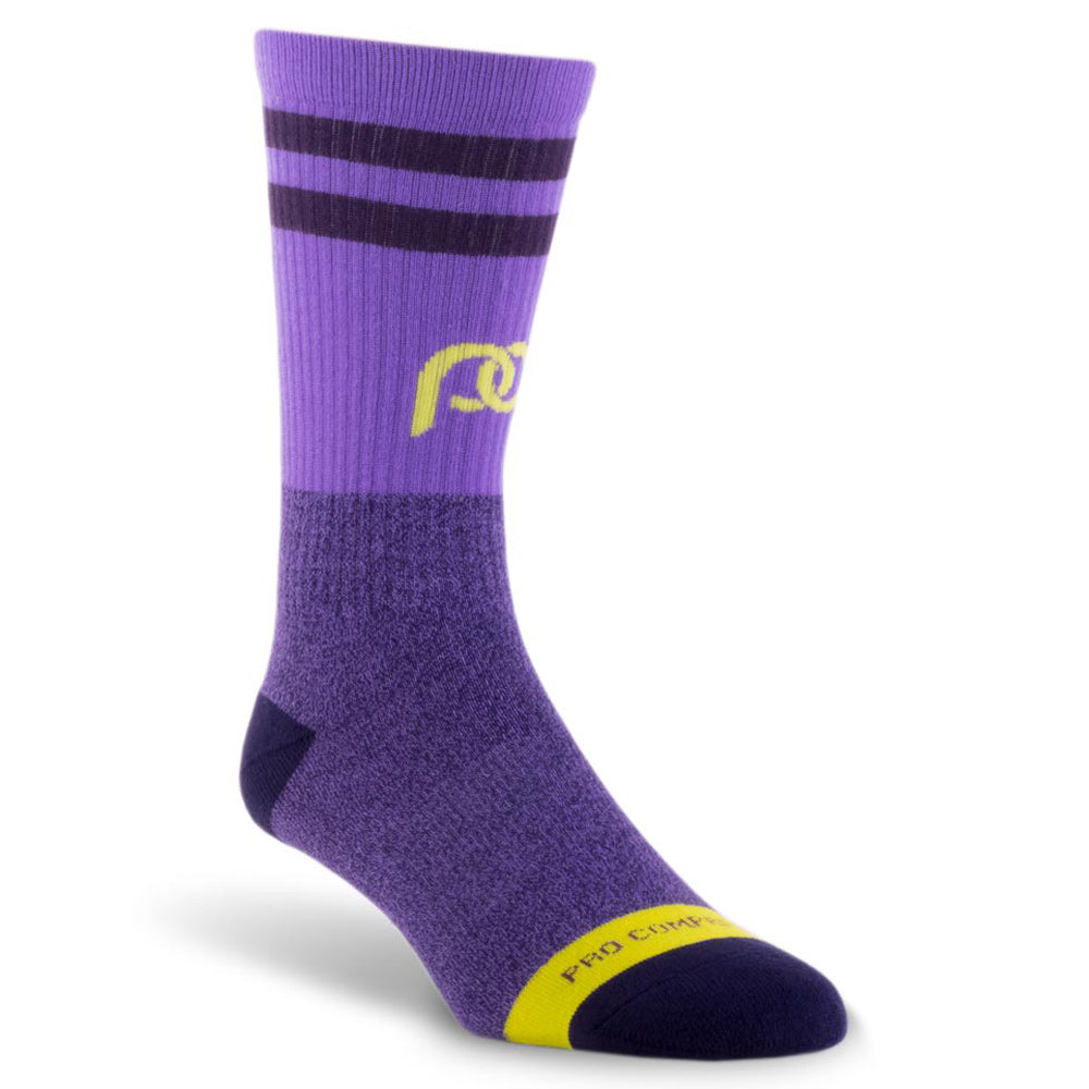 Purple socks with gold details, made with lightweight graduated compression