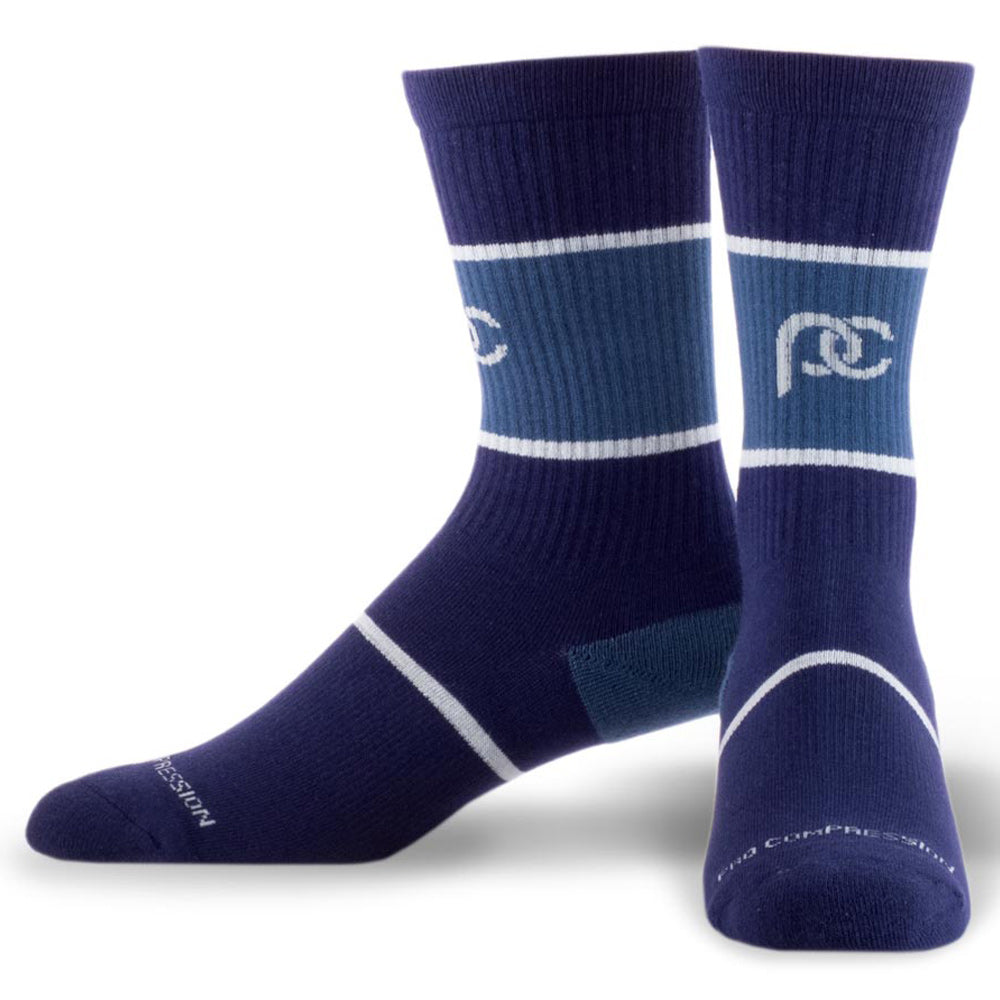 Blue crew length compression socks