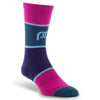 Crew length compression sock in pink, teal, and purple