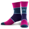 Crew length compression socks in pink, teal, and purple