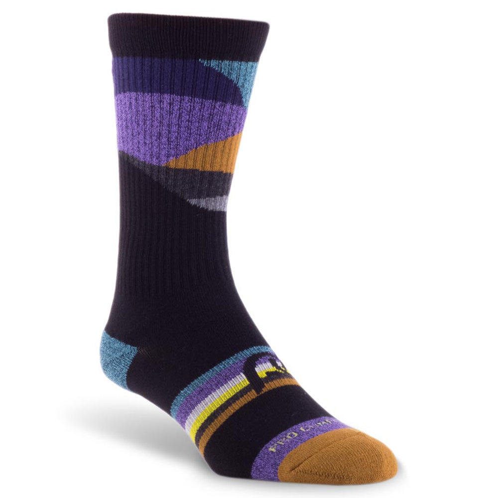 Crew length black compression socks with colorful accents and gold toes