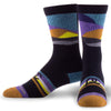 Crew length black compression socks with colorful accents and gold toes - pair