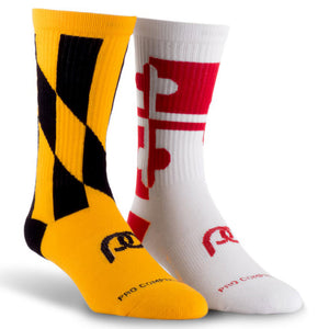 Mid calf compression socks mismatched on purpose to represent Maryland right!