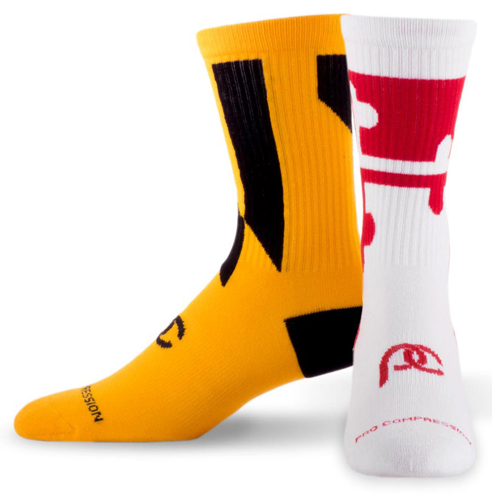 Mid calf compression socks mismatched on purpose to represent Maryland right! - side angle
