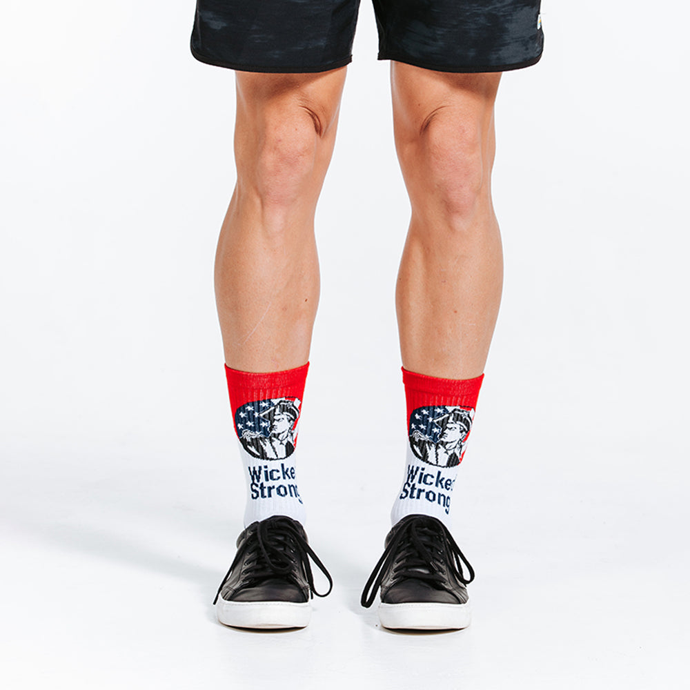 Wicked Strong Compression Socks - Mid Calf Massachusetts Style - on model close up front view 