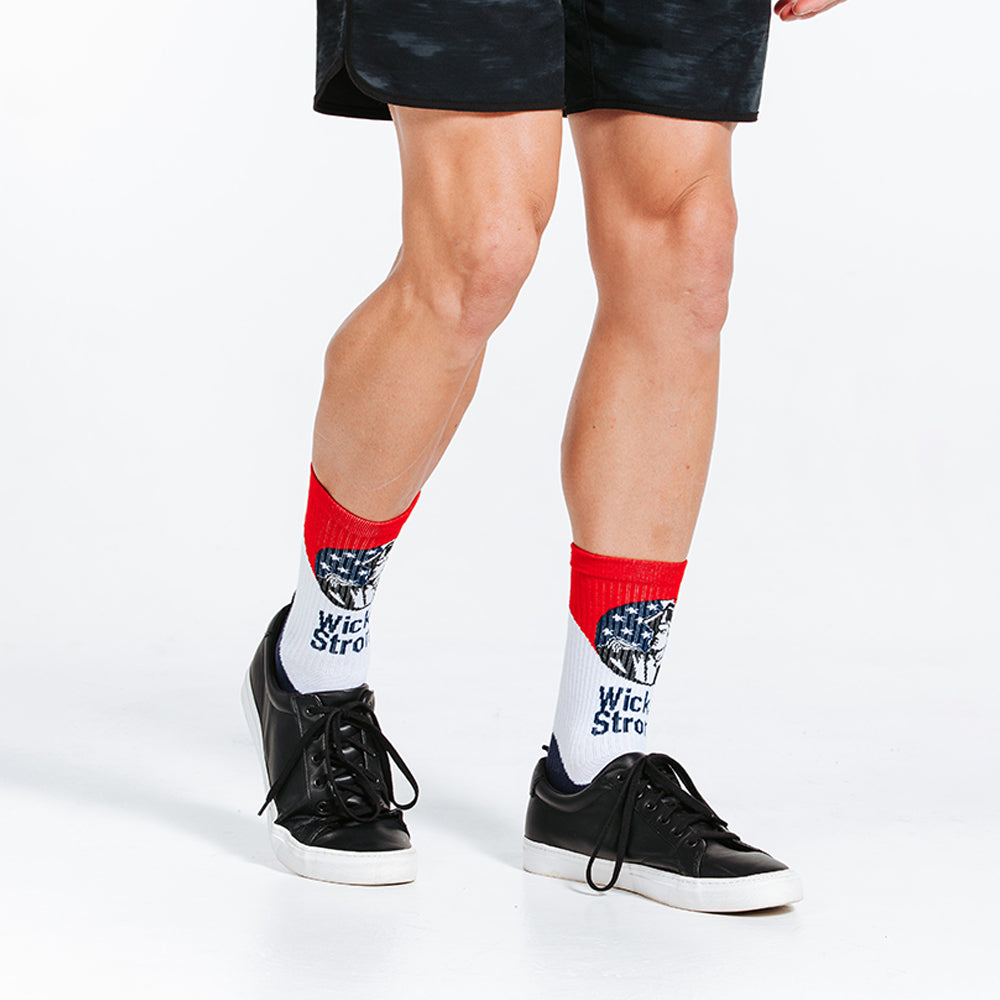Wicked Strong Compression Socks - Mid Calf Massachusetts Style on model with black shoes 