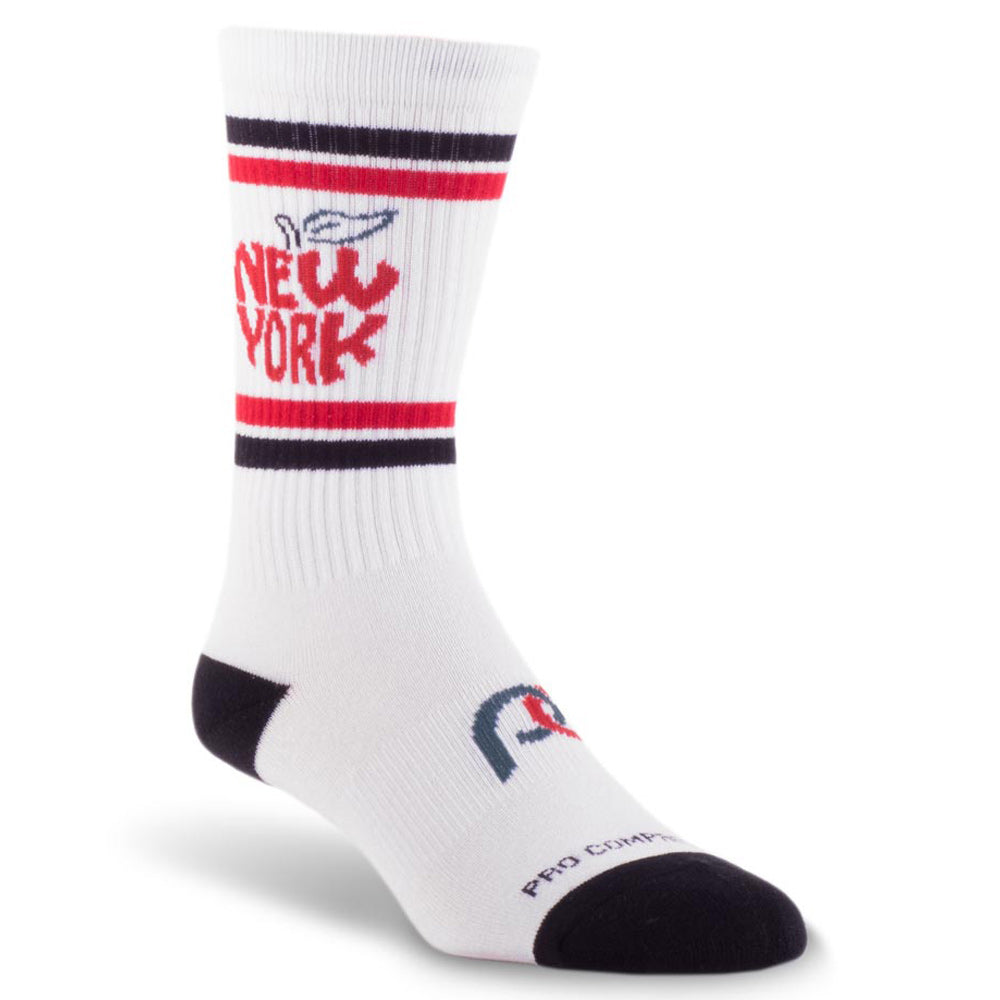 White crew length compression socks with black and red New York City design
