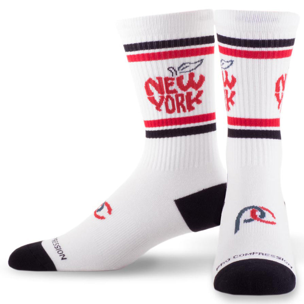 White crew length compression socks with black and red New York City design - product close up