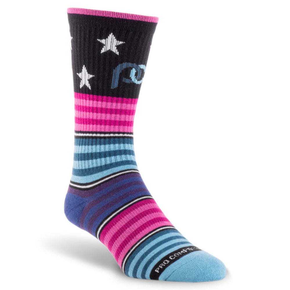 Colorful crew length compression socks with stars 