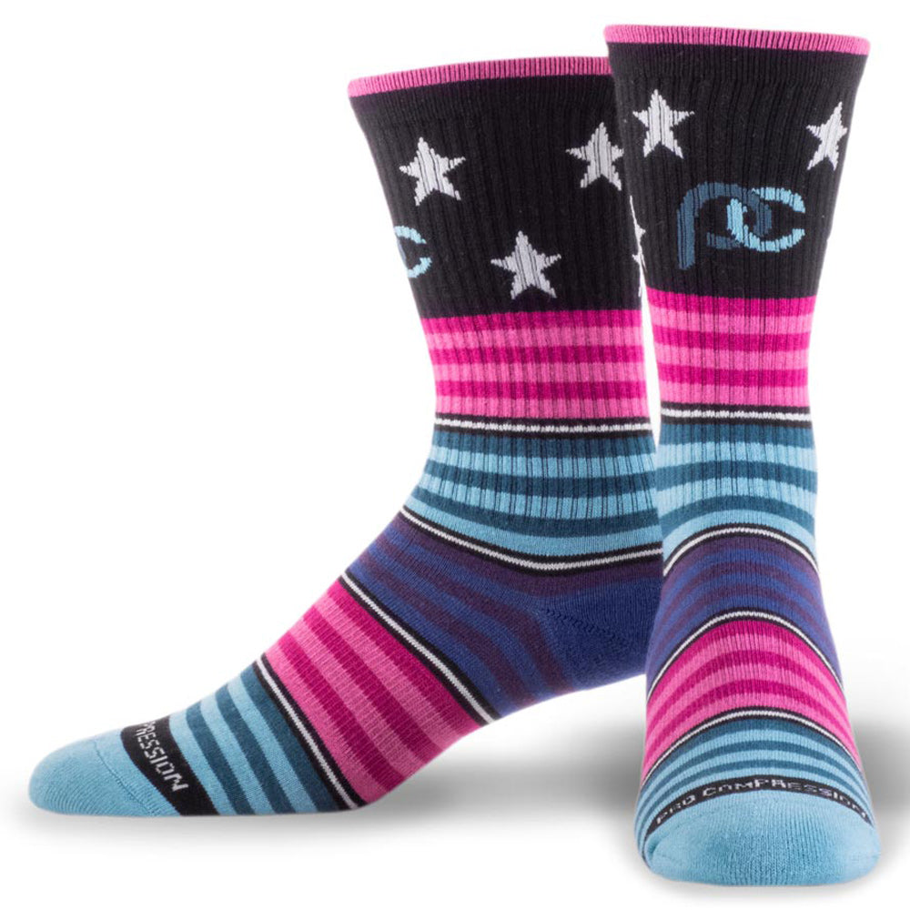 Colorful crew length compression socks with stars - pair