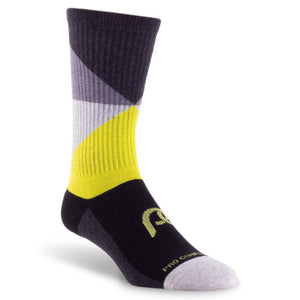 Black, grey, and yellow crew length compression socks