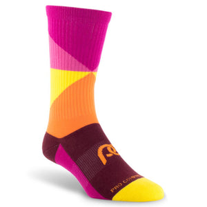 Colorful compression socks, crew length, with pink, yellow, orange, and red