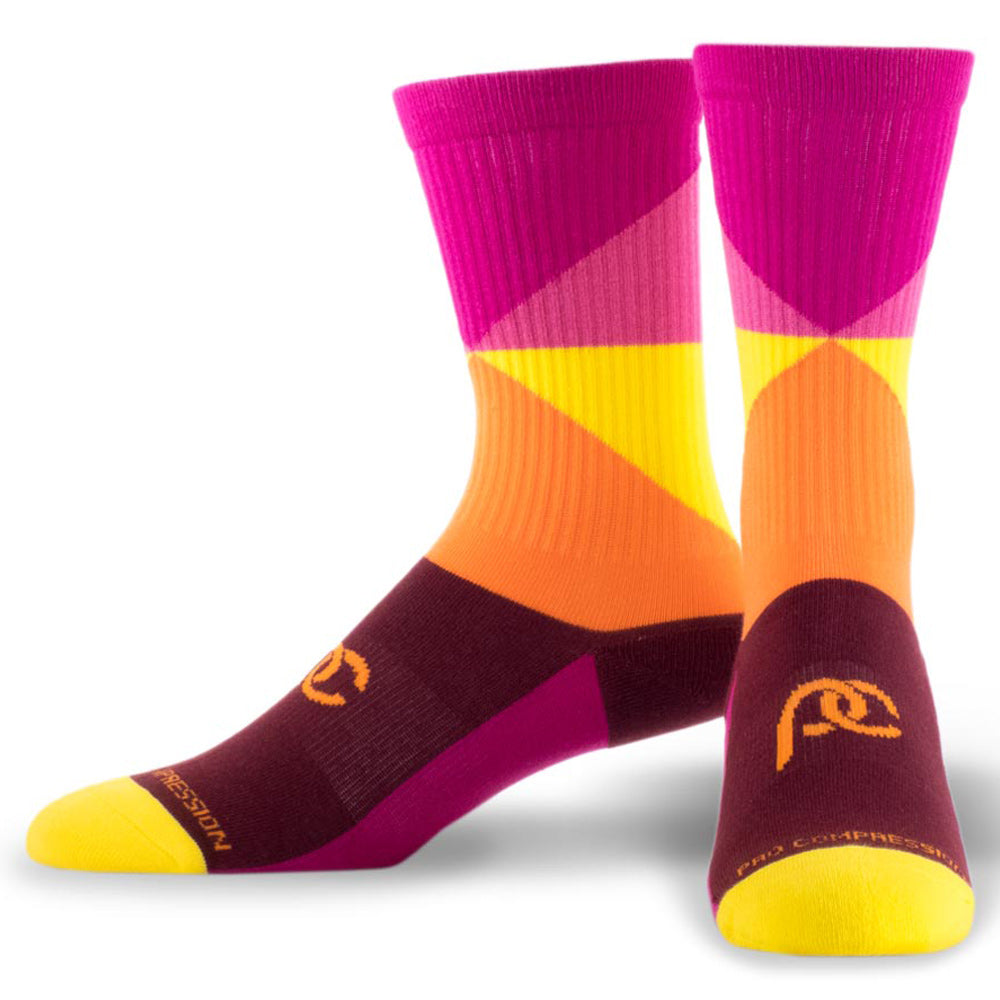 Colorful compression socks, crew length, with pink, yellow, orange, and red - pair