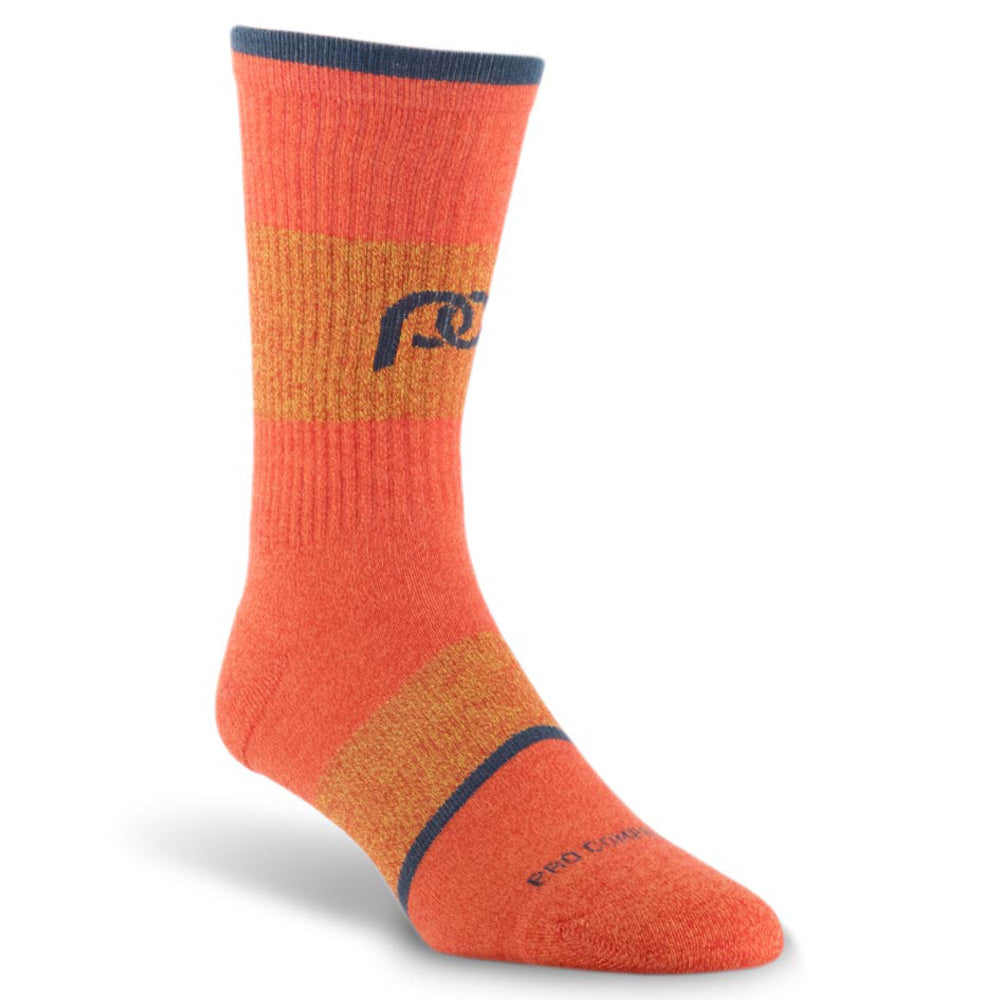 Orange crew length compression socks with blue bands