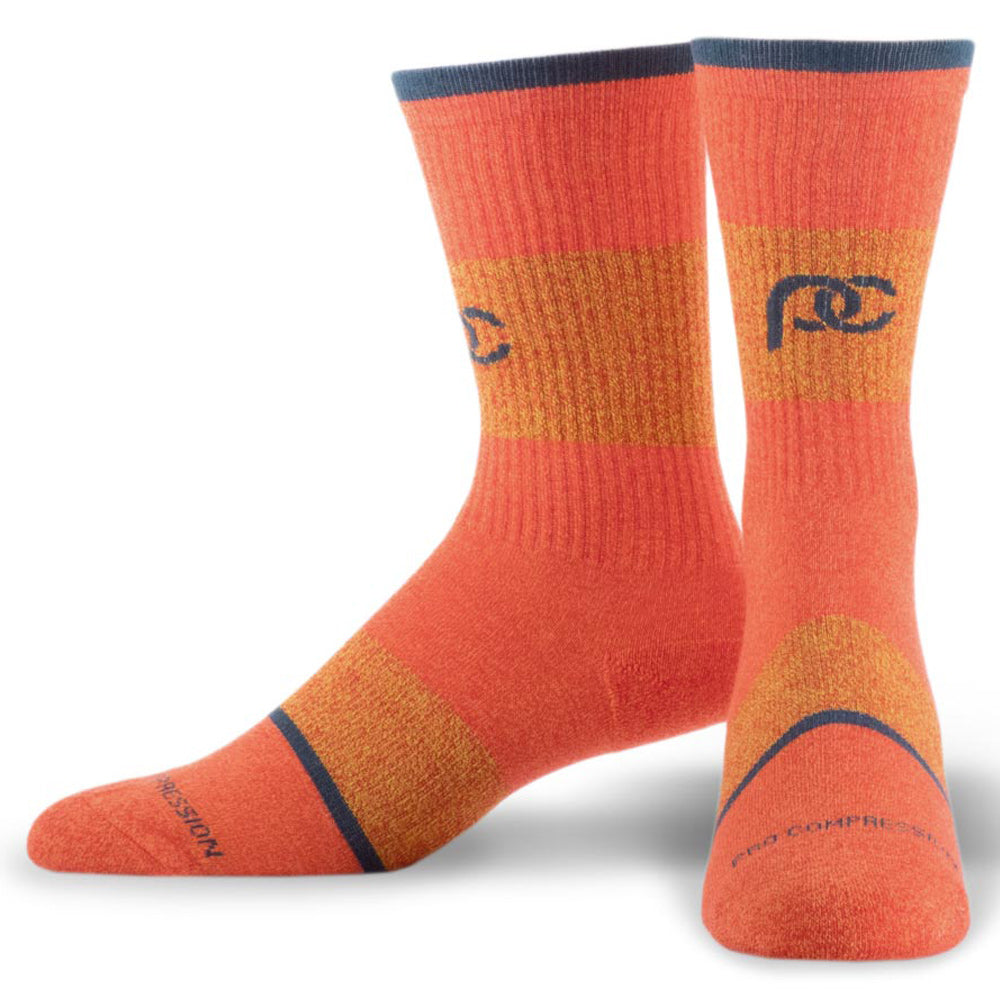 Orange crew length compression socks with blue bands - pair