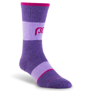 Compression socks in crew length - purple color block with pink bands