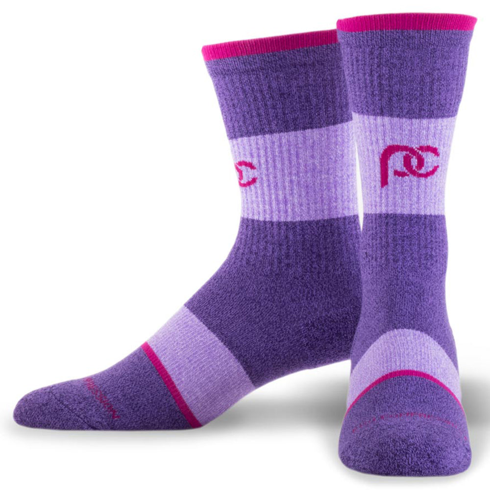 Compression socks in crew length - purple color block with pink bands - pair
