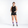 Compression socks in crew length - purple color block with pink bands - on standing model