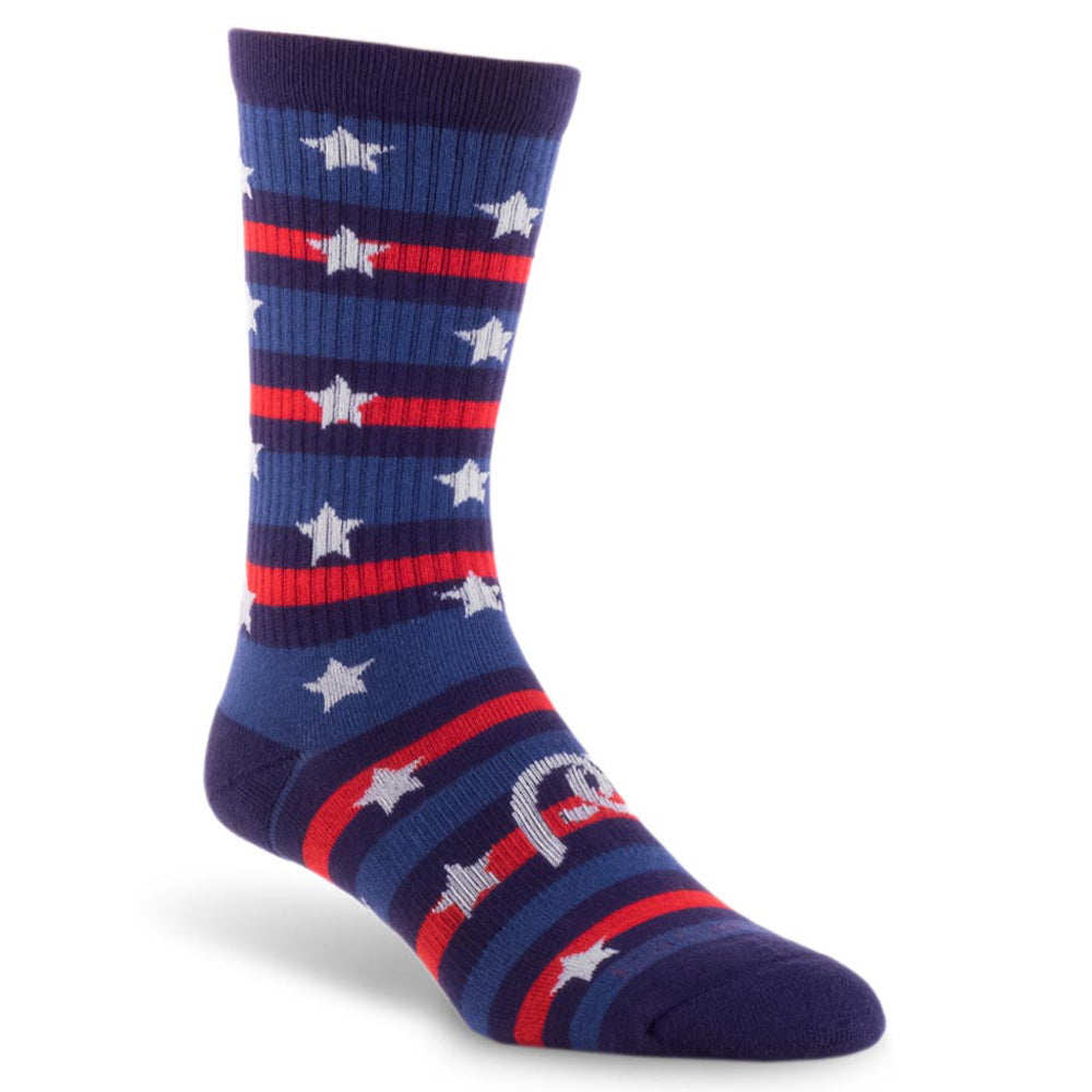 Compression crew socks with patriotic red, white, and blue design with stars